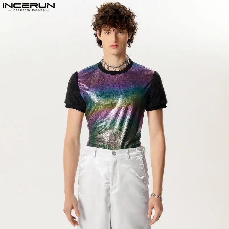 INCERUN Tops 2024 American Style Fashion Men's Flash Fabric T-shirts Casual Knitted Splicing Plush Short Sleeved Camiseta S-5XL