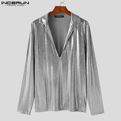 INCERUN Tops 2024 American Style Fashion Mens Large V-neck Glossy Fabric Shirts Casual Clubwear Male Long Sleeved Camiseta S-5XL