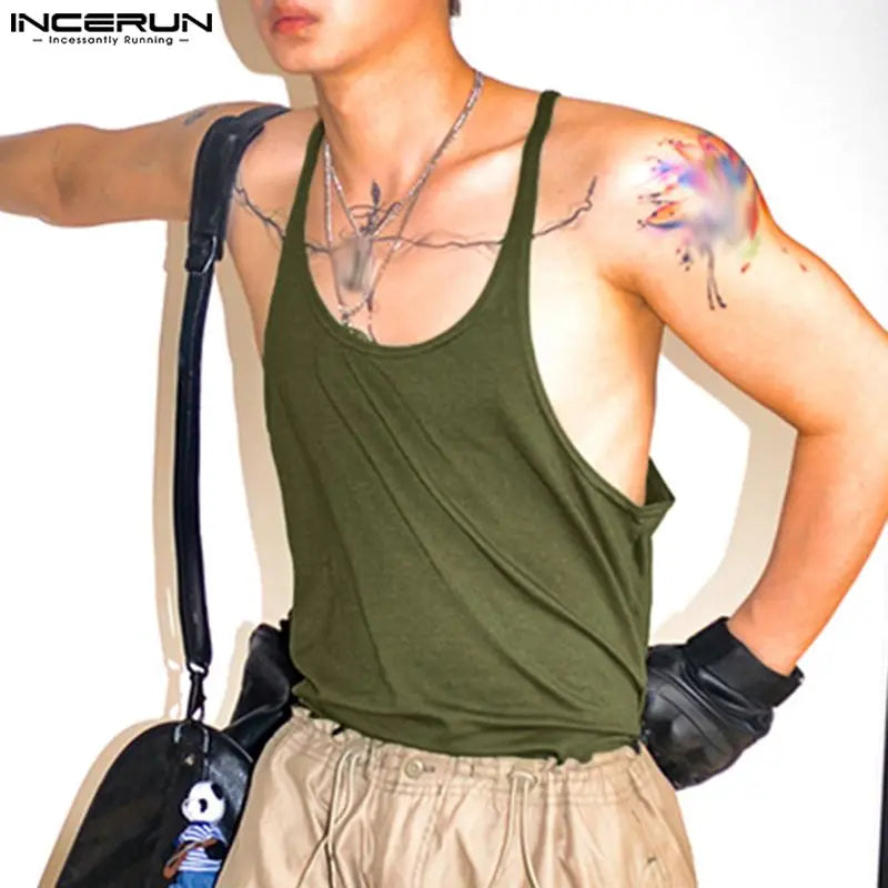 INCERUN Tops 2023 Korean Style Men Thin Belt Solid Casual Running Sport Waistcoat Handsome Male Racerback Sleeveless Vests S-5XL