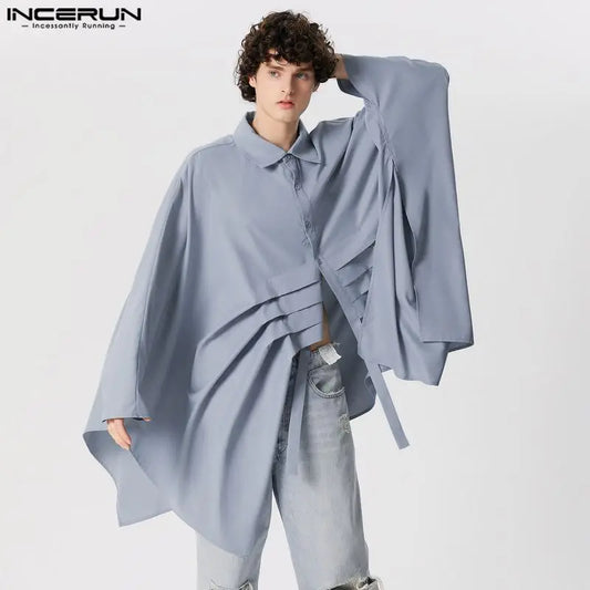 Handsome Well Fitting Tops INCERUN Men's Solid Silhouette Bat Sleeve Pleated Shirts Male Solid Loose Long Sleeved Blouse S-5XL