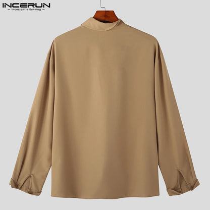 INCERUN Tops 2023 Korean Style New Men's Diagonal Placket Solid Simple All-match Blouse Fashion Casual Long Sleeved Shirts S-5XL