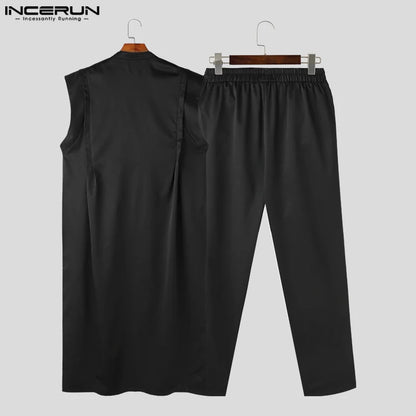 INCERUN 2023 Muslimischen Stil Neue Männer Sets Lange-stil Ärmellose Tank Tops Hosen Casual Männlichen Gut Sitzende Solide Zwei stück Sets S-5XL