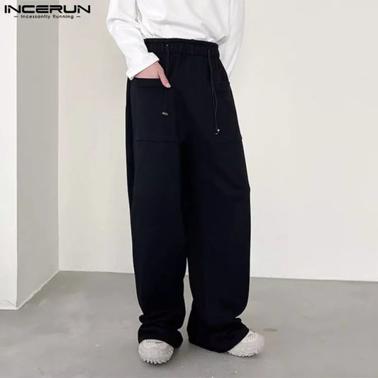 INCERUN 2024 Korean Style Trousers Men Drawstring Pocket Design Long Pant Casual Well Fitting Solid Straight Leg Pantalons S-5XL