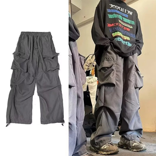 HOUZHOU Schwarze Cargohose für Herren, Hip Hop, graue Cargohose für Herren, rot, Frühling, Baumwolle, lockere Freizeithose, Streetwear, Hip Hop, Tasche