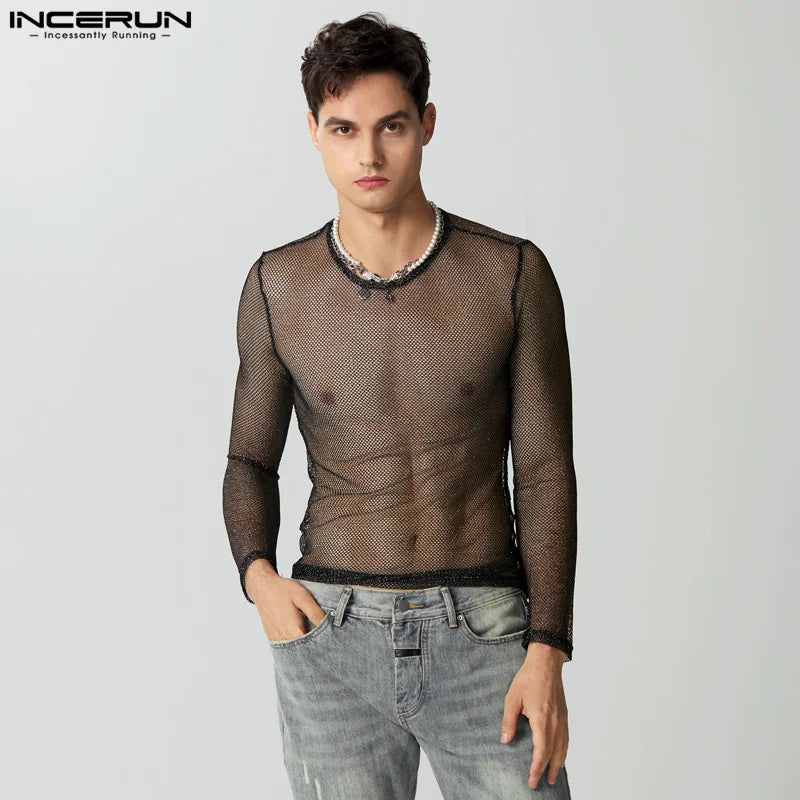 INCERUN Tops 2023 Style américain Nouveaux hommes Glitter Mesh Perspective Camiseta Sexy Homme Vente chaude à manches longues T-shirts fins S-5XL