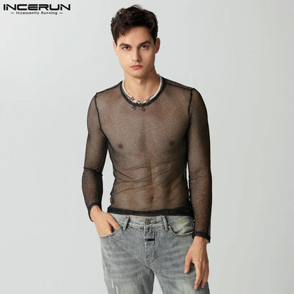 INCERUN Tops 2023 Style américain Nouveaux hommes Glitter Mesh Perspective Camiseta Sexy Homme Vente chaude à manches longues T-shirts fins S-5XL