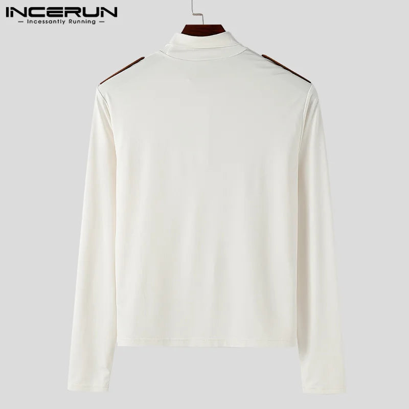 INCERUN Tops 2024 Stylish Men's Shirts High Neck Long Sleeve Thin Spring Autumn Streetwear Contrast Color Pullover Blouse S-5XL