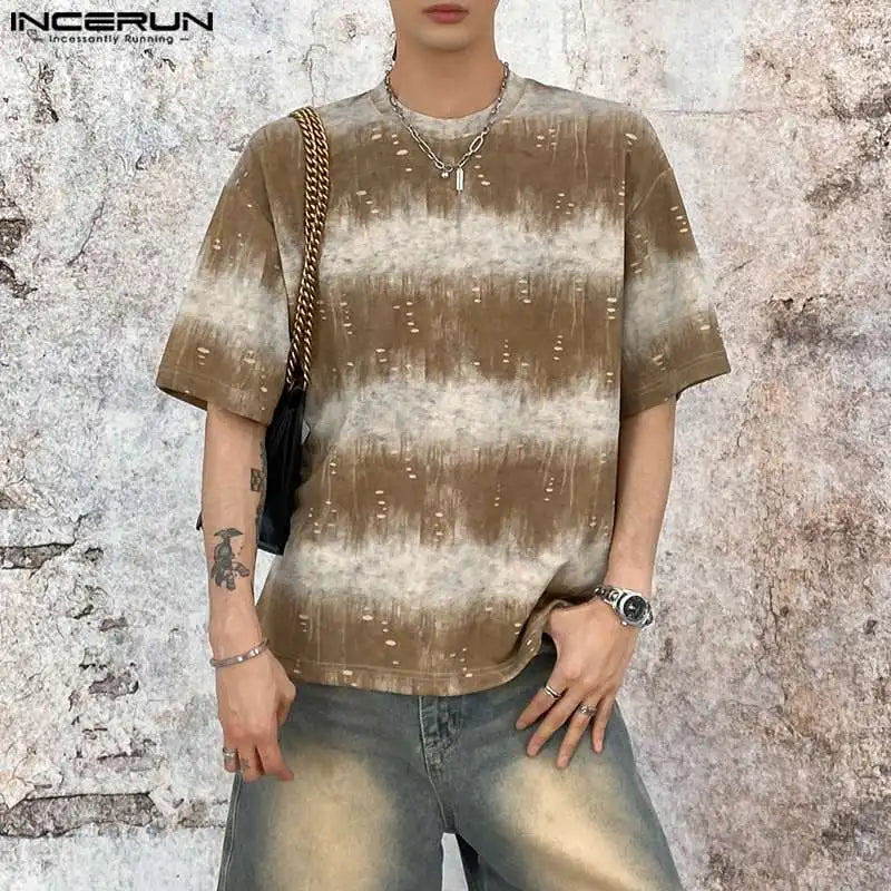 INCERUN Tops 2024 Korean Style Handsome Fashion Men Gradient Striped T-shirt Casual Streetwear Male Short Sleeved Camiseta S-5XL