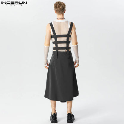 2023 Men Irregular Skirts Jumpsuits Solid Hollow Out Straps Rompers Men Pants Streetwear Personality Male Skirts S-5XL INCERUN