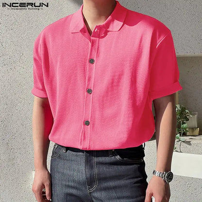 INCERUN Tops 2024 Korean Style Handsome New Men's Solid Knitted Shirts Casual Well Fitting Male Lapel Short Sleeved Blouse S-5XL