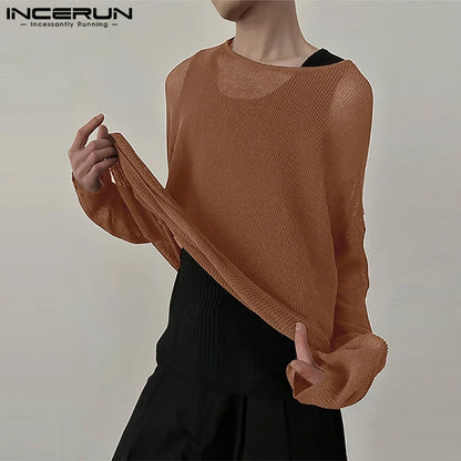 INCERUN Tops 2024 Handsome Men Hollowed Knitted Design T-shirt Casual Stylish Well Fitting Male Thin Long Sleeved Camiseta S-5XL