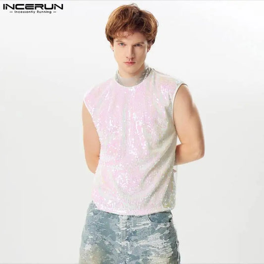 INCERUN Tops 2024 American Style Fashion Men Glittering Sequin Design Vests Male Personality Hot Sale Sleeveless Tank Tops S-5XL