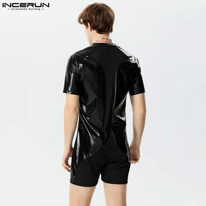 INCERUN 2024 Sexy Men's Fashion Jumpsuits Mesh Patchwork Casual Faux Leather Fabric Rompers Solid Short Sleeved Bodysuits S-3XL