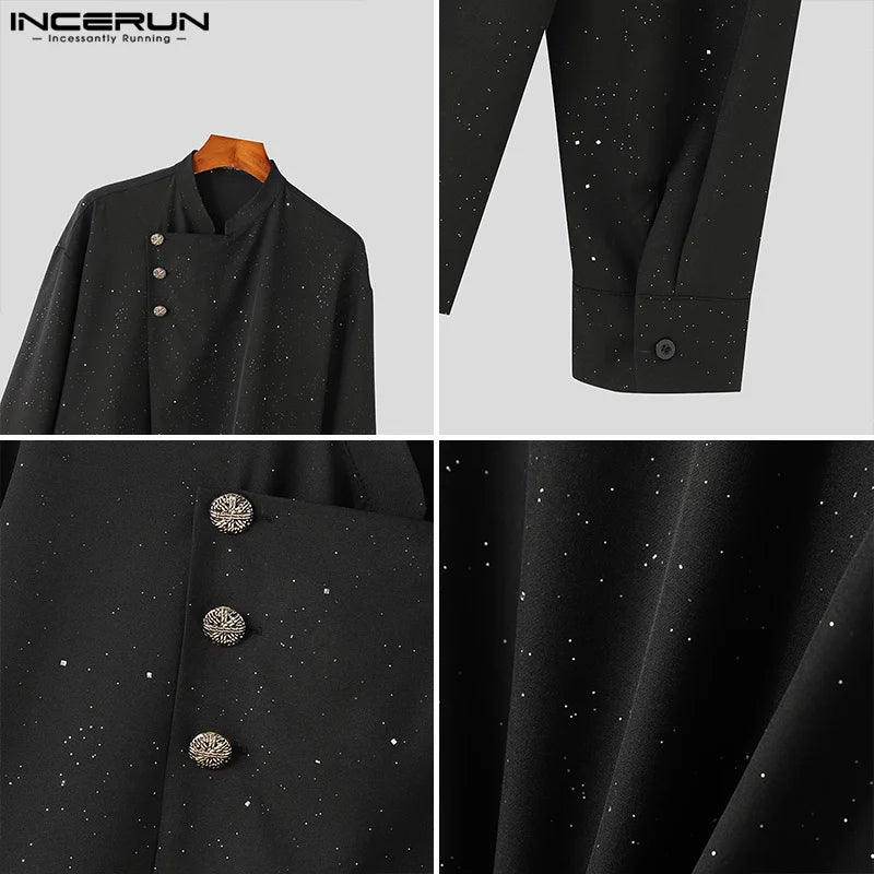 Fashion Well Fitting Tops INCERUN 2024 Mens Sparkling Pile Collar Slanted Placket Design Shirts Casual Long Sleeved Blouse S-5XL