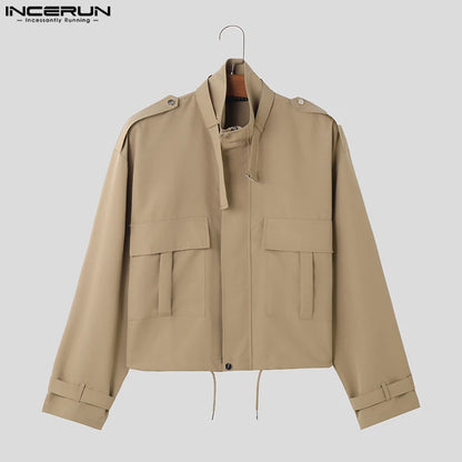 2023 Men Jackets Solid Color Lapel Long Sleeve Pockets Zipper Casual Male Cargo Coats Streetwear Fashion Outerwear S-5XL INCERUN