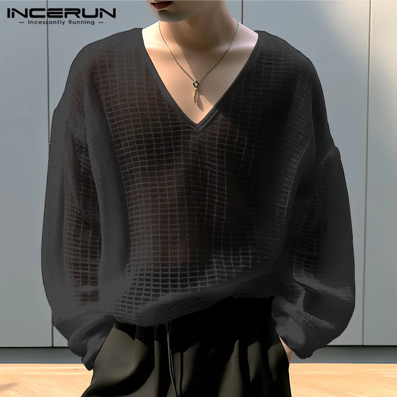 INCERUN Tops 2024 Koreanischen Stil Herren Solide Checkered Perspective T-shirts Modische V-ausschnitt Schulter Langarm Camiseta S-5XL