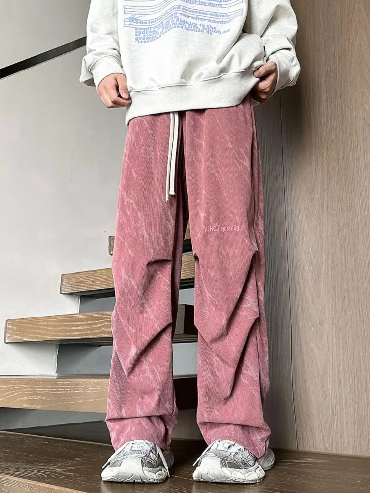 HOUZHOU Pantalon parachute en velours côtelé pour homme, pantalon large rose, streetwear, hip hop, harajuku, pantalon de survêtement japonais décontracté et ample