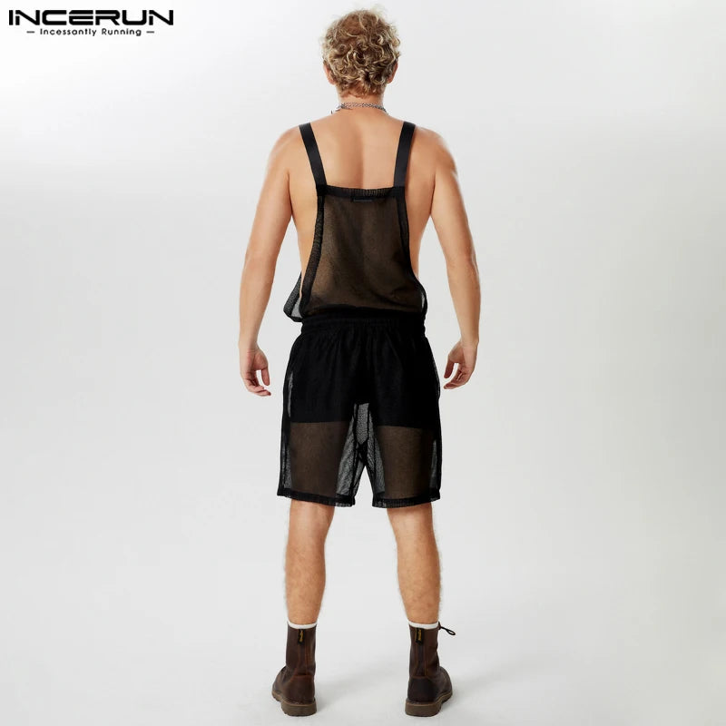 INCERUN Männer Overalls Shorts Mesh Transparent Solide Kordelzug Strampler Männer Streetwear 2024 Lose Ärmellose Träger Playsuits