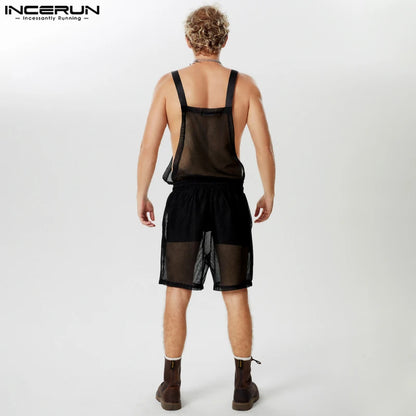 INCERUN Hommes Combinaisons Shorts Maille Transparent Solide Cordon Barboteuses Hommes Streetwear 2024 Lâche Sans Manches Bretelles Combinaisons