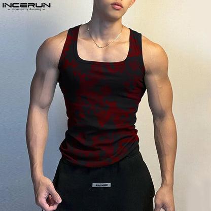 INCERUN Tops 2023 Korean Style Men Striped Dragon Pattern Printed Vests Casual Streetwear Hot Selling Sleeveless Tank Tops S-3XL