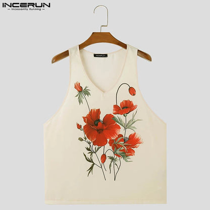 INCERUN Tops 2024 Amerikanischer Stil Stilvolle Neue Männer Blumendruck Muster Westen Sexy Casual Männlichen V-ausschnitt Ärmellose Tank Tops S-5XL