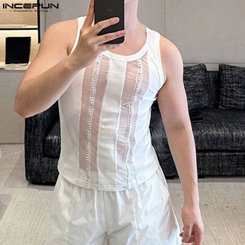 Fashion Casual Style Tops INCERUN New Men's Thin Mesh Patchwork Design Vests Sexy Male Slightly Transparent Tank Tops S-5XL 2024