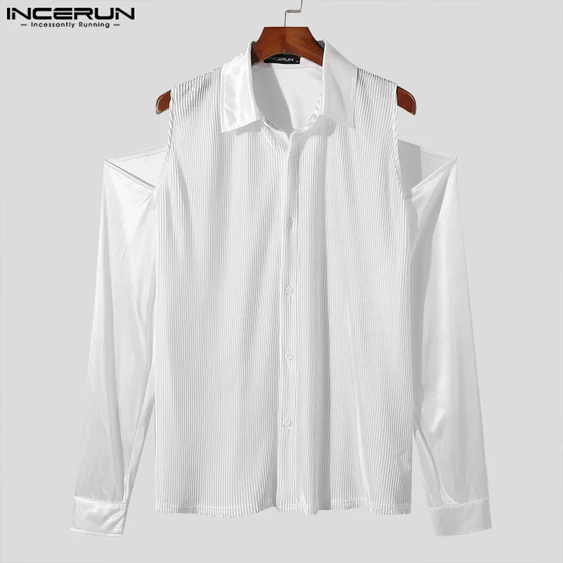 INCERUN Tops 2024 Stylish New Men Solid Fine Stripe Off Shoulder Shirt Casual Clubwear All-match Lapel Long Sleeved Blouse S-5XL