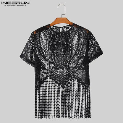 INCERUN Tops 2024 American Style Fashion Men's Lace Perspective Tassel Cropped T-shirts Sexy O-neck Short Sleeved Camiseta S-5XL