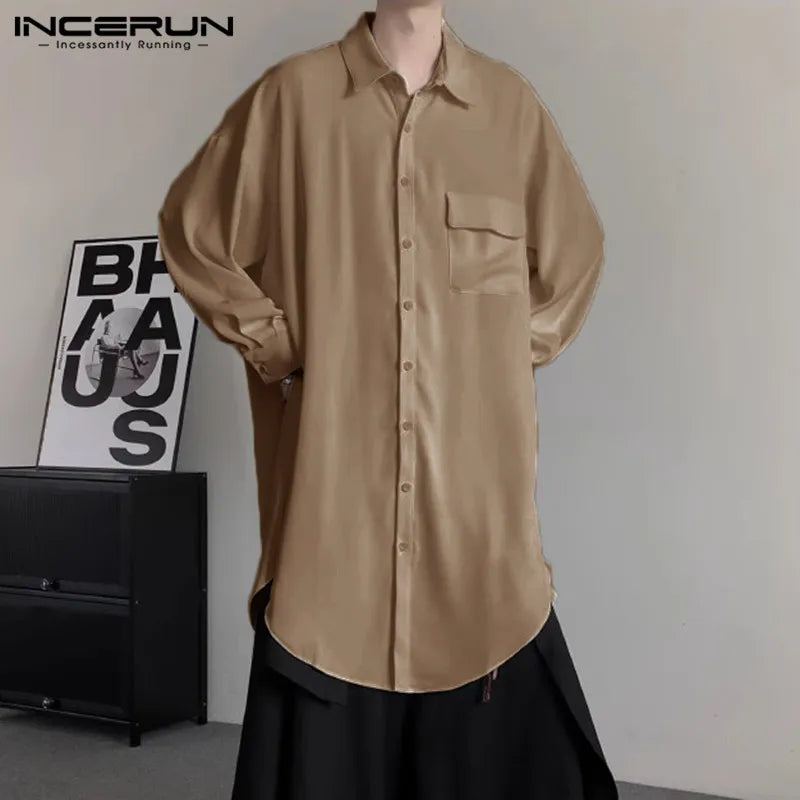 INCERUN Tops 2024 Korean Style Handsome New Mens Irregular Hem Mid Length Shirts Casual Streetwear Male Solid Loose Blouse S-5XL