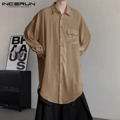 INCERUN Tops 2024 Koreanische Stil Hübsche Neue Herren Unregelmäßigen Saum Mittlere Länge Shirts Casual Streetwear Männlichen Solide Lose Bluse S-5XL