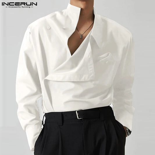 INCERUN Tops 2023 Korean Style New Men's Diagonal Placket Solid Simple All-match Blouse Fashion Casual Long Sleeved Shirts S-5XL