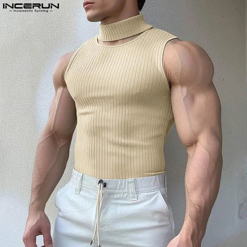 Fashion Casual Style Tops INCERUN New Men Knitted Semi High Neck Vests Summer Male Streetwear Elastic Sleeveless Tank Tops S-5XL