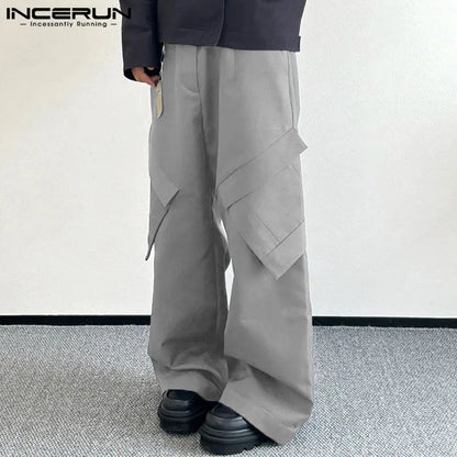 INCERUN 2024 Korean Style Trousers Men Casual Pocket Design Long Pants Stylish Well Fitting Male Solid All-match Pantalons S-5XL