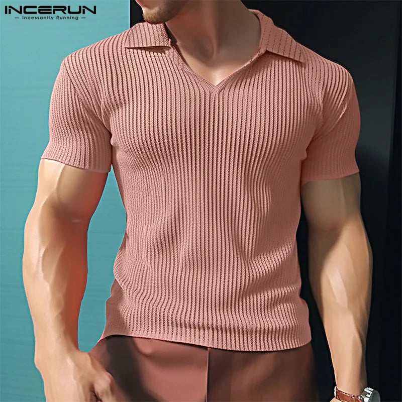 INCERUN Tops 2024 Korean Style New Men Loose Textured Solid Color T-shirts Casual Simple Male Short Sleeved Lapel Camiseta S-5XL