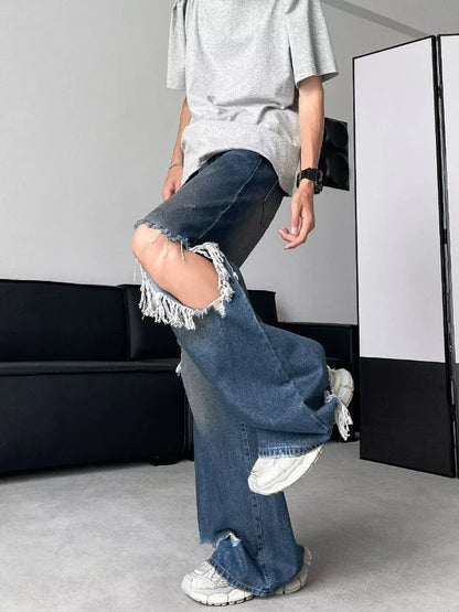 HOUZHOU Hip Hop Ripped Baggy Jeans Men High Street Male Distressed Denim Wide Leg Pants Casual Trousers Vintage Streetwear Loose