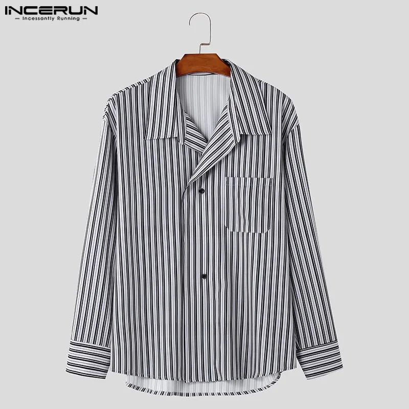 INCERUN Men Blouse Casual Loose Vintage Style Stripe Shirts Long Sleeve Autumn New Fashion Office Work Wear Stylish Tops