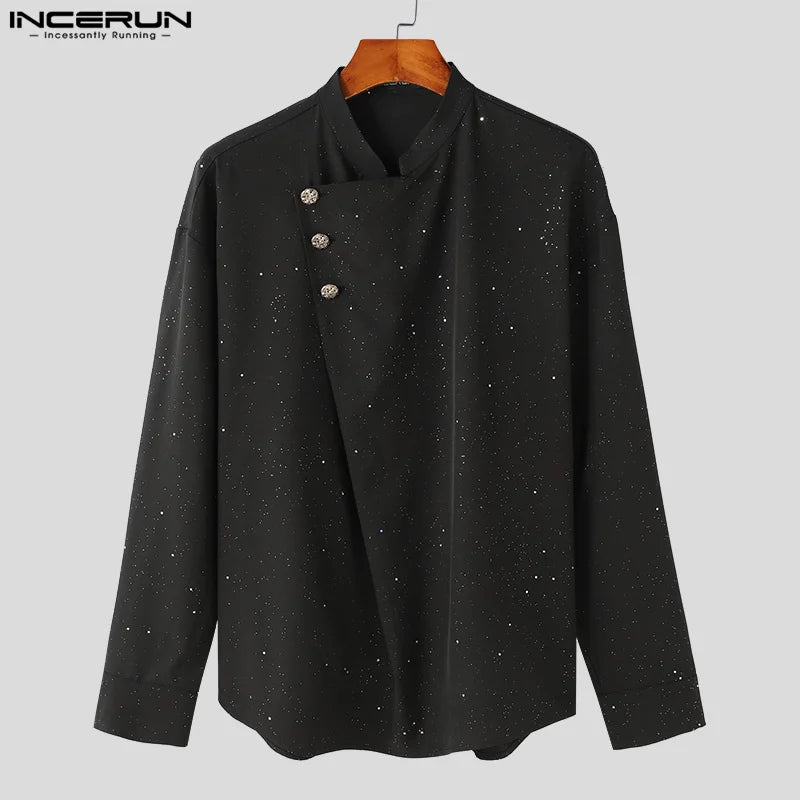 Fashion Well Fitting Tops INCERUN 2024 Mens Sparkling Pile Collar Slanted Placket Design Shirts Casual Long Sleeved Blouse S-5XL