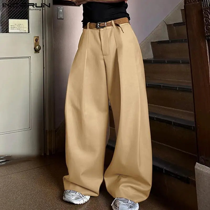 INCERUN 2024 Korean Style Trousers Men's Loose Silhouette Stylish Long Pants Casual Well Fitting Solid Wide Leg Pantalons S-5XL