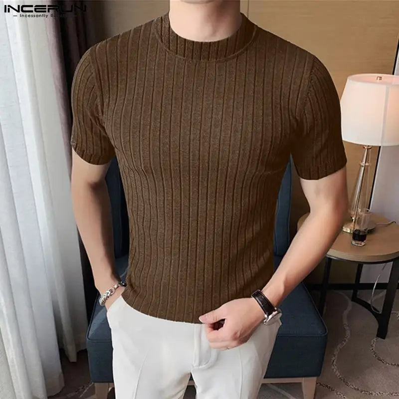 INCERUN Tops 2024 Korean Style New Men's Solid Pit Stripe Knitte T-shirts Fashion Male Solid Elastic Short Sleeve Camiseta S-5XL