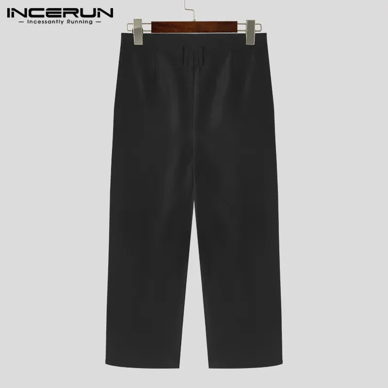 INCERUN 2024 Korean Style New Mens Trousers Pleated Design Straight Leg Pantalons Casual All-match Simple Solid Long Pants S-5XL