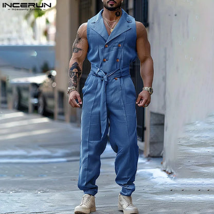 INCERUN 2024 American Style Stylish Men's Rompers Double Breasted Design Solid Sleeveless Streetwear Solid Strap Jumpsuits S-5XL