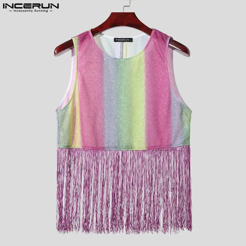 Fashion Casual Style Tops INCERUN New Mens Rainbow Gradient Tassel Patchwork Vests Male Clubwear Sleeveless Tank Tops S-5XL 2024