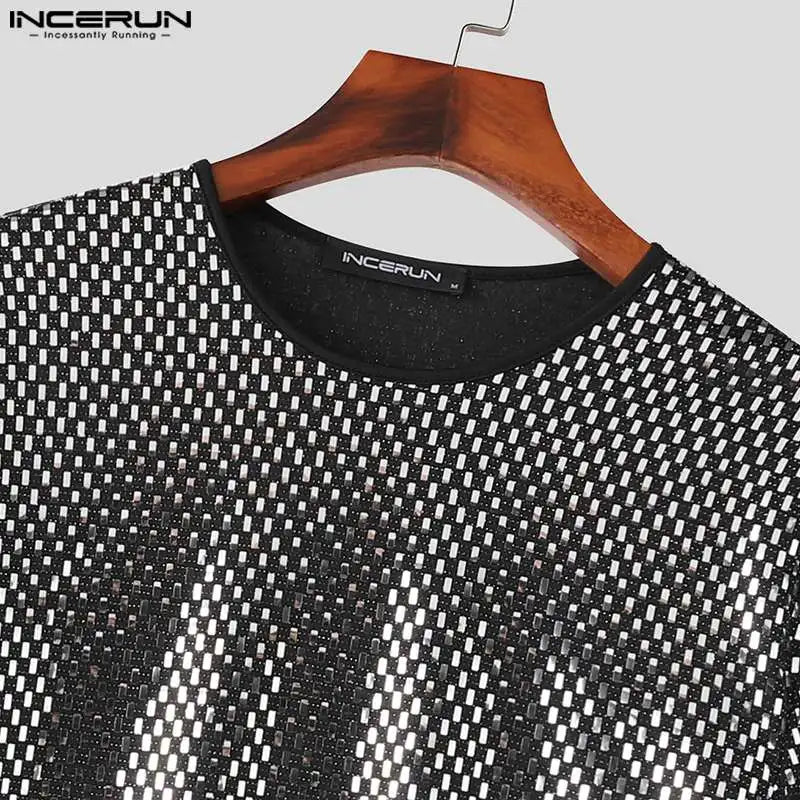 2024 Men's T Shirt Sequins Shiny O-neck Short Sleeve Loose Men Clothing Streetwear Party Fashion Casual Camisetas S-5XL INCERUN