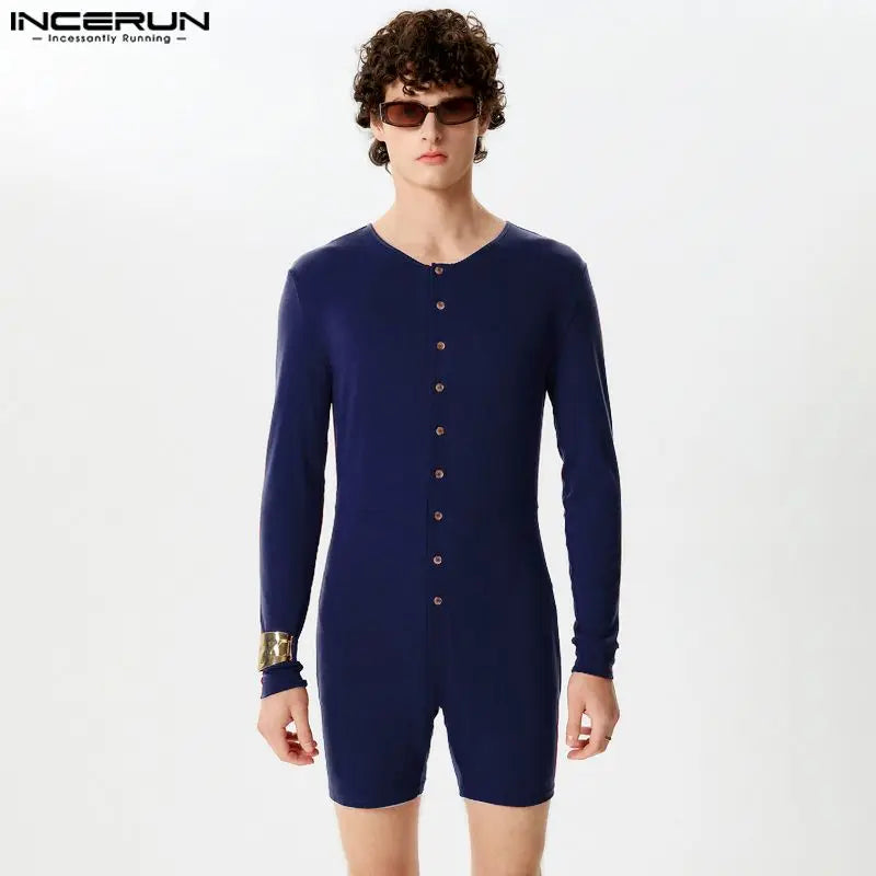 INCERUN 2024 Sexy Men Rompers Open Front Solid Knitted Long Sleeved Jumpsuits Male Comfortable O-Neck Flat Angle Bodysuits S-5XL