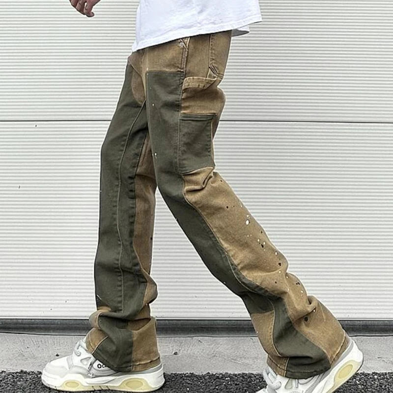 Splash Ink Painted Washed Micro Elastic Denim Logging Pants Herren Patchwork Baggy Y2K Jeans Übergroße lässige Cargohose