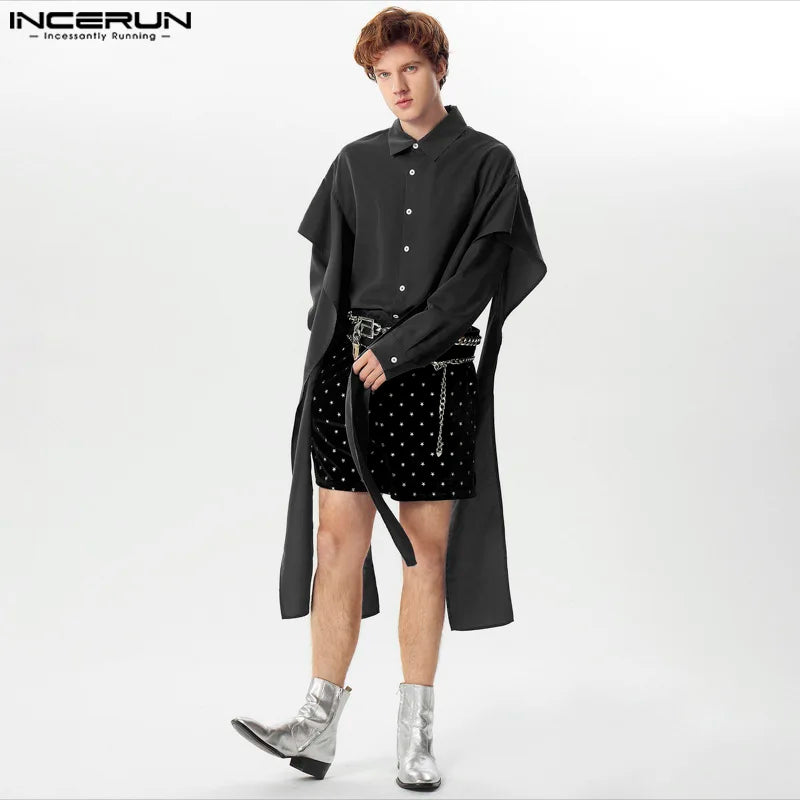 INCERUN Tops 2024 Style américain Beau Hommes Volants Patchwork Chemises À La Mode Homme Solide Revers À Manches Longues Chemisier S-5XL