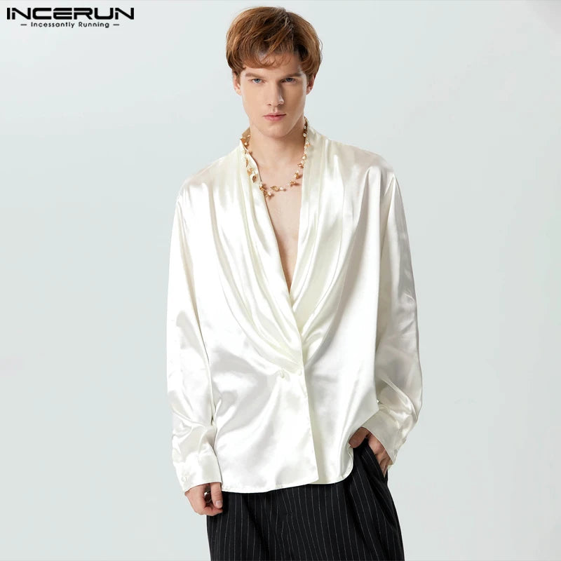 INCERUN Tops 2023 American Style Fashion Men's Swing Collar Satin Blazer Casual Solid Comfortable Long Sleeved Suit Coats S-5XL