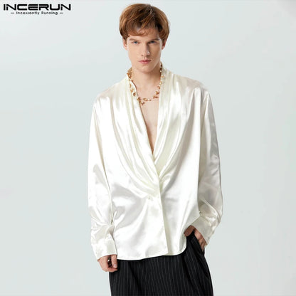 INCERUN Tops 2023 Style américain Mode Hommes Col oscillant Blazer en satin Décontracté Solide Confortable À Manches Longues Costume Manteaux S-5XL