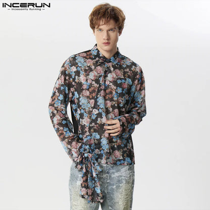 INCERUN Tops 2024 Fashion Men's Lace Floral Printed Shirts Casual Streetwear Cross Tie Design Long Sleeved Cardigan Blouse S-5XL