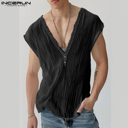 INCERUN Tops 2024 Koreanischen Stil Herren Casual Perspektive V-Ausschnitt Westen Mode Unregelmäßige Linie Spleißen Ärmellose Tank Tops S-5XL